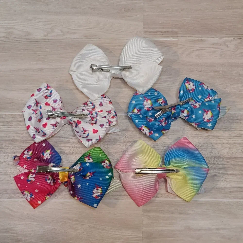 5 Girls Unicorn Ribbon Hair Bows Clips Set Rainbow Pattern Boutique Accessories